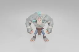 Muscular cartoon monster with glowing orange eyes, rocky skin covered in blue