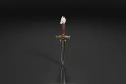 Photograph of a sword with a golden hilt and a red handle
