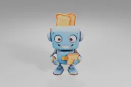 Blue robot with large eyes and a wide smile holds a slice of toast, while two