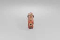 Small, vintage-looking camera with a red body and a gold-colored lens