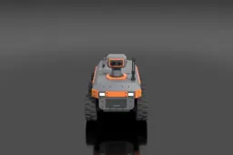 Compact all-terrain scout drone, matte gray and orange chassis, rugged tires
