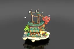 Cartoonish pirate-ship shop perches on a tiny floating island, with torn
