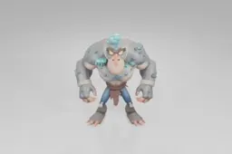 Muscular cartoon monster with glowing orange eyes, rocky skin covered in blue