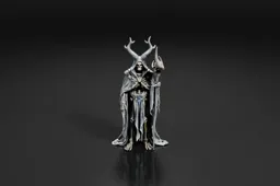 Cloaked, skeletal figure with animal horns holds a staff adorned with large
