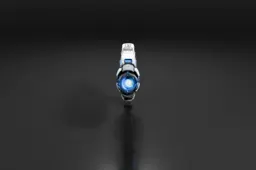 Stylized sci-fi plasma blaster, glowing blue energy core
