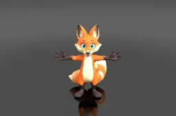 Cel-shaded cartoon fox mascot with oversized ears and a fluffy striped tail
