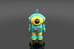 Cute rounded cartoon toy robot, glossy teal and yellow plastic