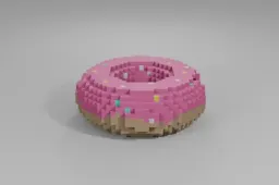 Classic donut with pink icing and colorful sprinkles sits on a neutral