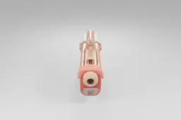 Stylized toy blaster features a chunky red and beige body with playful