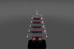 Five-story red-and-black Japanese pagoda with glowing paper lanterns, a tall