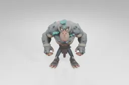 Muscular cartoon monster with glowing orange eyes, rocky skin covered in blue
