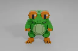 Vibrant green frog with large orange eyes, a wide smile, and bright orange