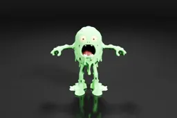 Small, green toy figure with a round head and two arms and legs