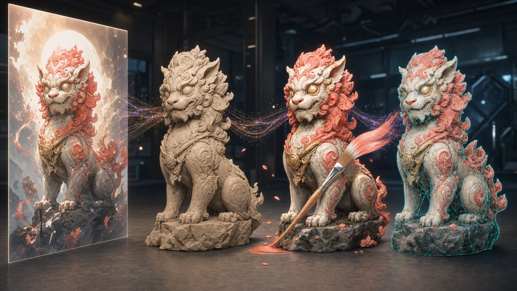 AI concept progressing to surfaced, painted, and retopologized 3D
