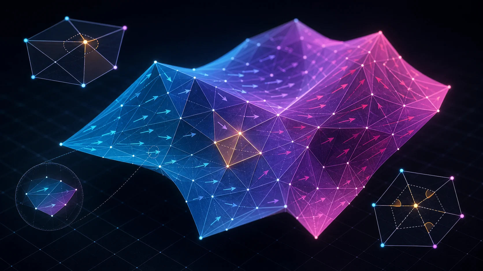 Triangulated surface carrying a colorful scalar field and tangent arrows