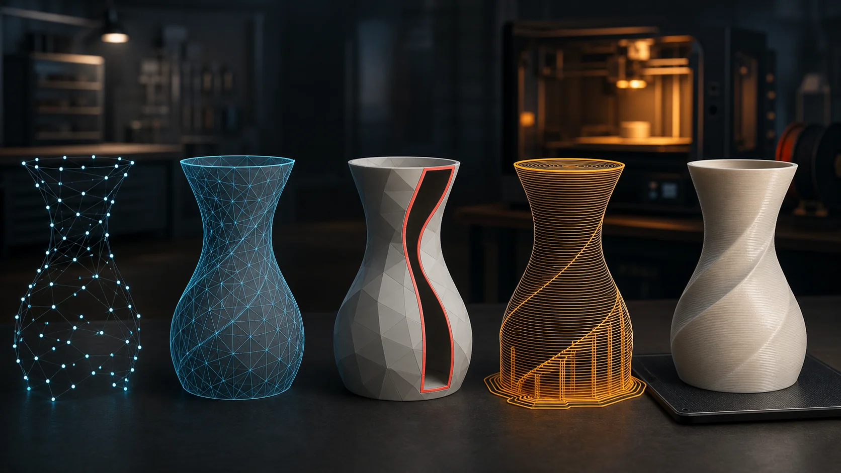 A mesh progressing through surface processing and toolpaths to a physical print