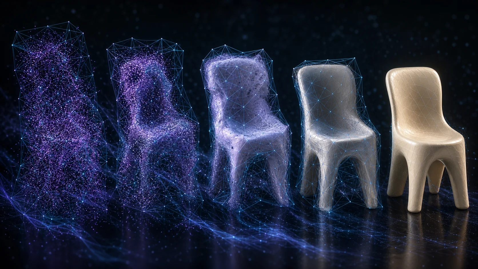 Noise in a tetrahedral grid denoising into a chair mesh