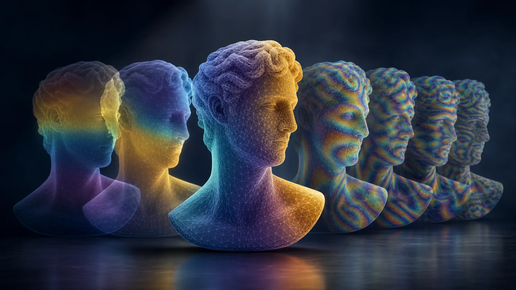 Mesh busts showing progressively finer surface frequency modes